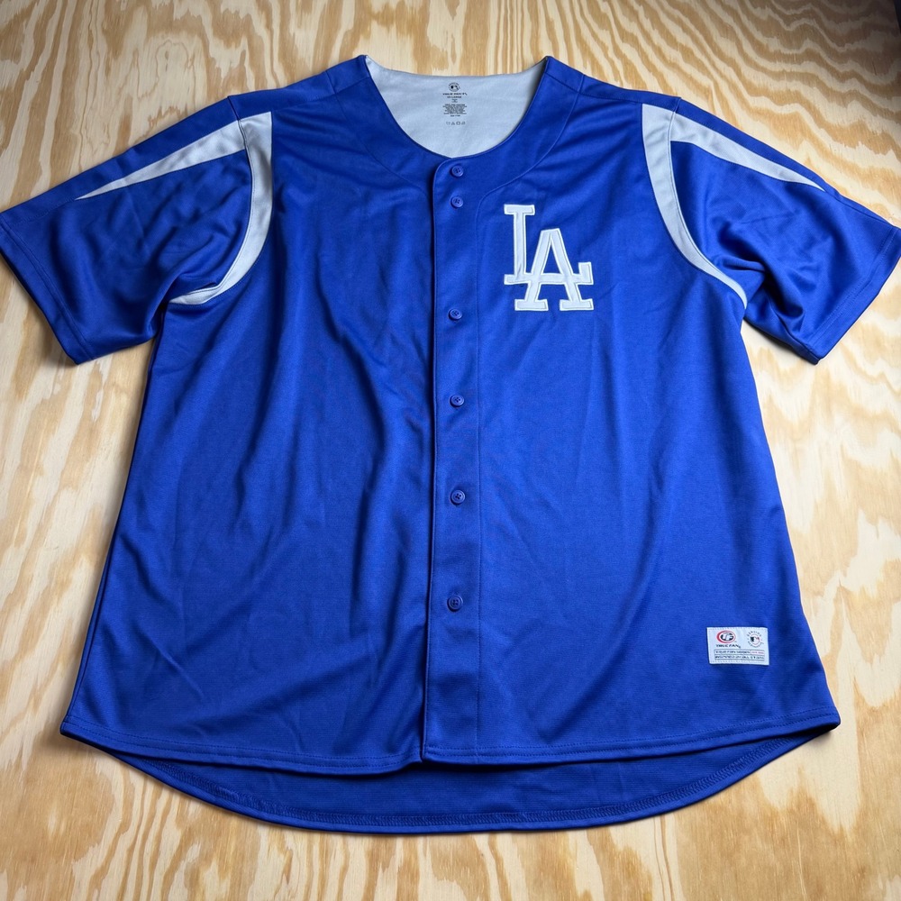 True Fan MLB Los Angeles Dodgers Baseball Jersey Mens 2XL Blue Button Up Logo